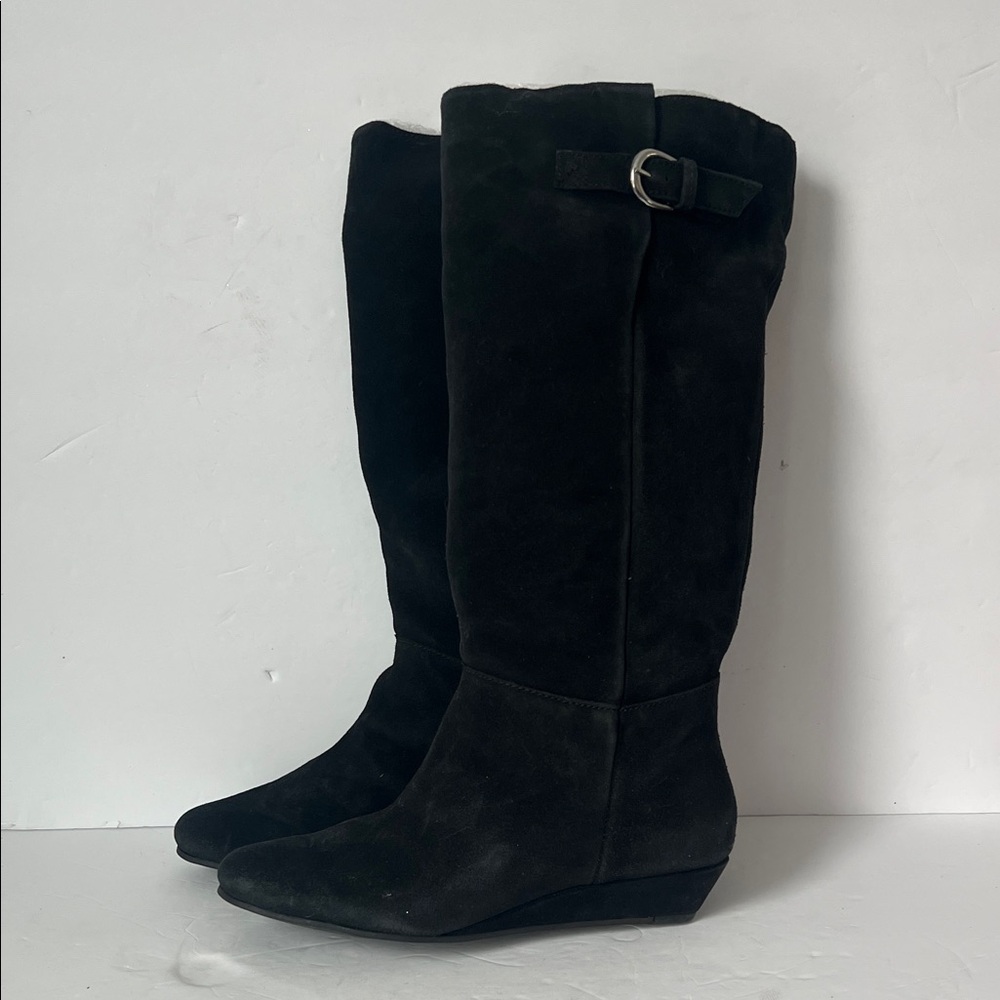 Steven Steve Madden charcoal black pull on suede feel wedge heel boots sz 8.5=